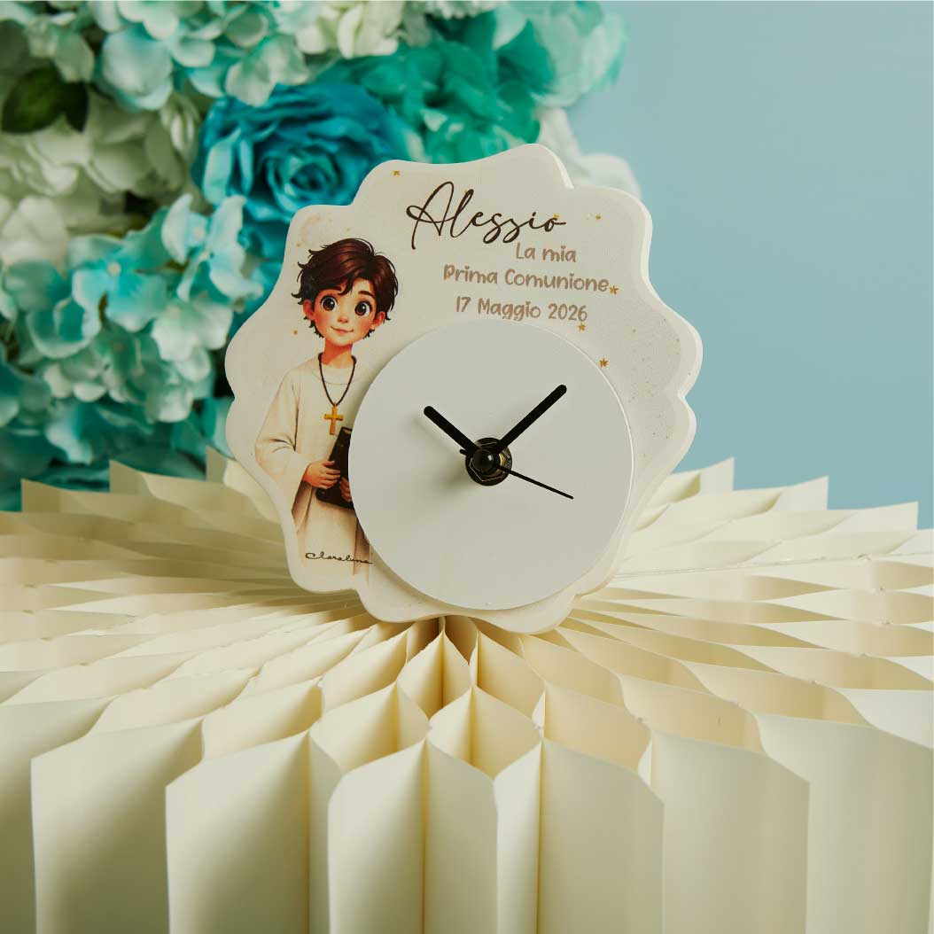 26362 - orologio comunione maschio 14x13 personalizzabile minimo 10 pezzi