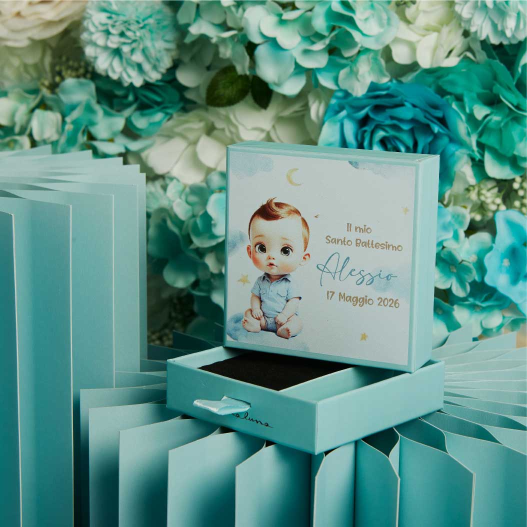 26346 - scatola confettata 10x10x3 battesimo maschio personalizzabile minimo 10 pezzi
