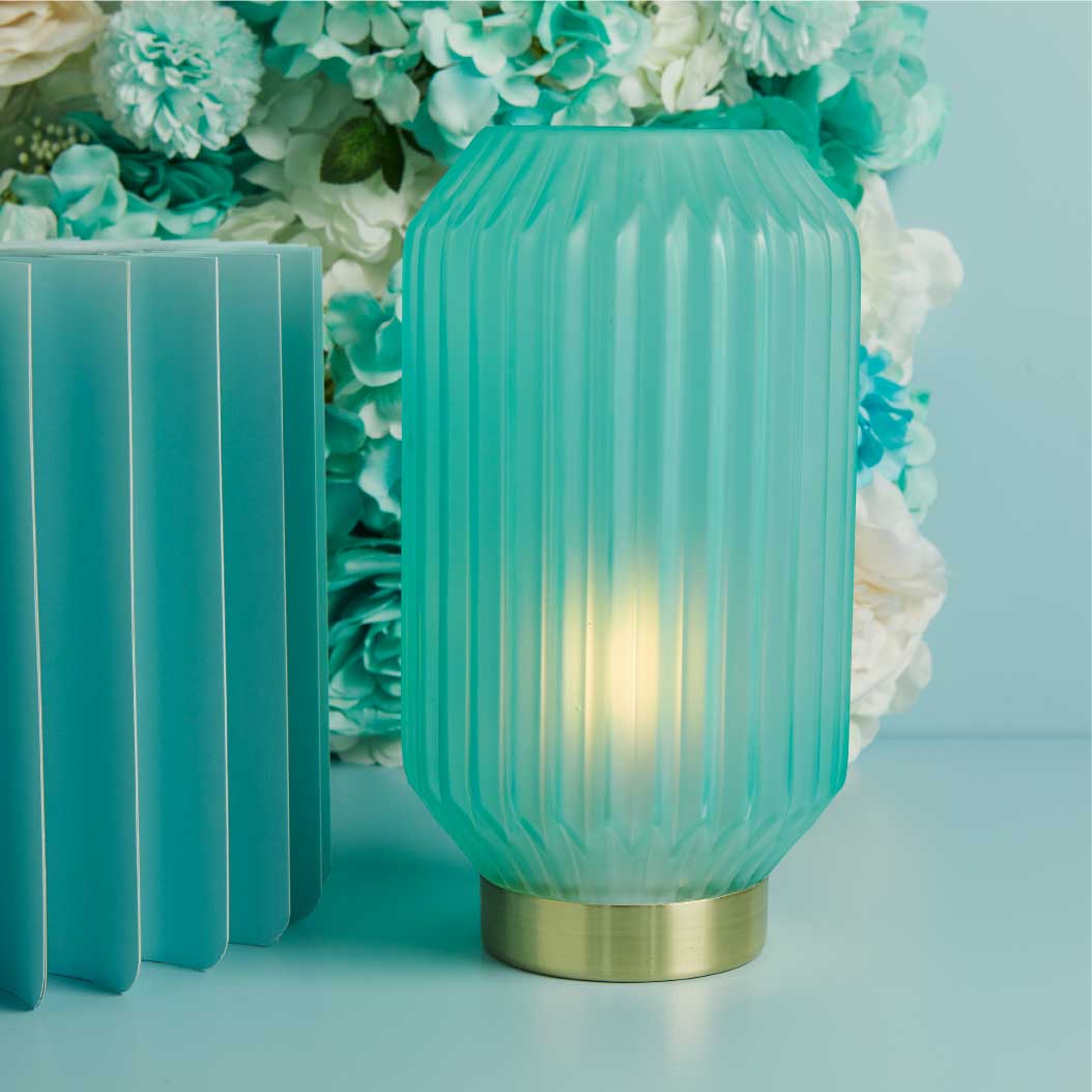 26192 - lampada grande plissettata azzurro 14x14x26